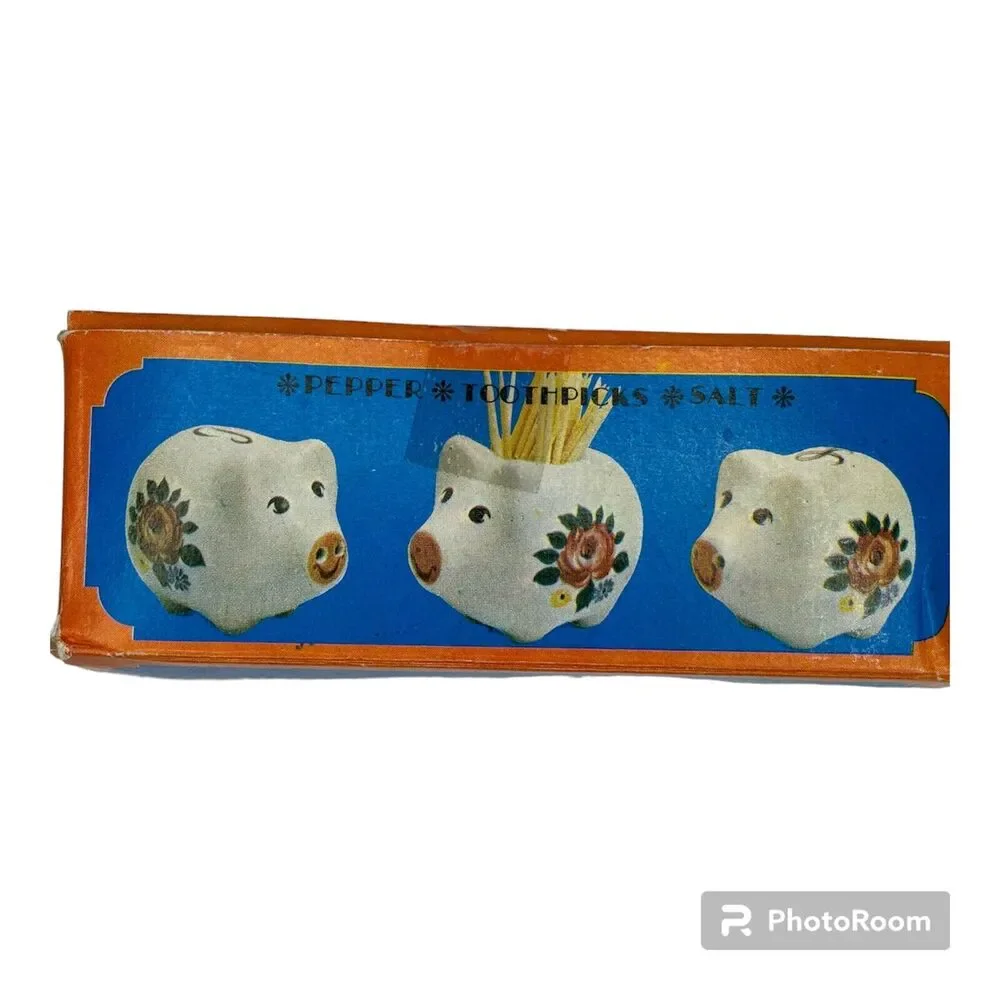 Vntg Floral Pig Salt and Pepper Shakers Toothpick Holder 3 Piece Set New AS IS
